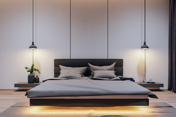 Intimate bedroom interior with understated wall lamps and wooden bedside shelf. Cozy living concept. 3D Rendering