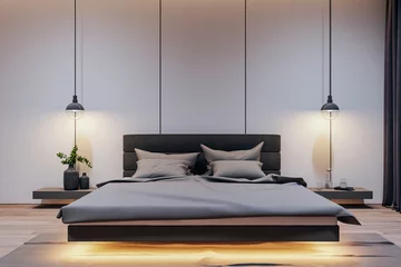 Foto op Canvas Intimate bedroom interior with understated wall lamps and wooden bedside shelf. Cozy living concept. 3D Rendering © Who is Danny