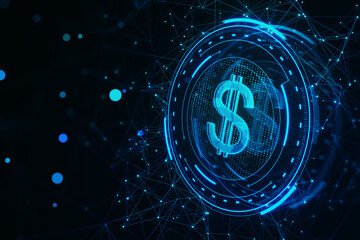 Creative round futuristic dollar sign on dark polygonal background. Crypto, online banking, digital transformation and finance concept. 3D Rendering.