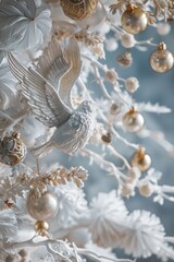 A festive white Christmas tree adorned with ornaments, featuring a colorful bird perched on a branch. Ideal for holiday and winter themed designs