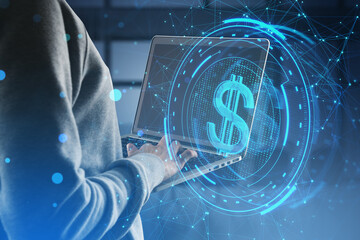 Side view of headless hacker holding laptop with creative round dollar sign on blurry blue polygonal background. Crypto, hacking, online banking, digital transformation and finance concept. - obrazy, fototapety, plakaty
