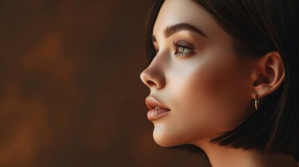 Profile portrait of a beautiful woman with bobbed hair and a golden earring against a dark brown background. Glamorous side view.  - obrazy, fototapety, plakaty