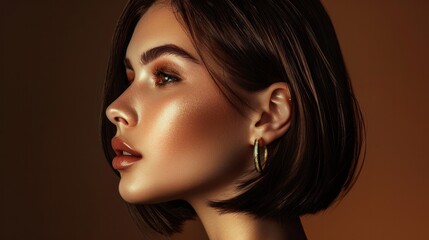 Profile portrait of a beautiful woman with bobbed hair and a golden earring against a dark brown background. Glamorous side view.  - obrazy, fototapety, plakaty