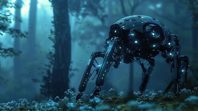 A robot spider with glowing blue lights walks through a dark forest.