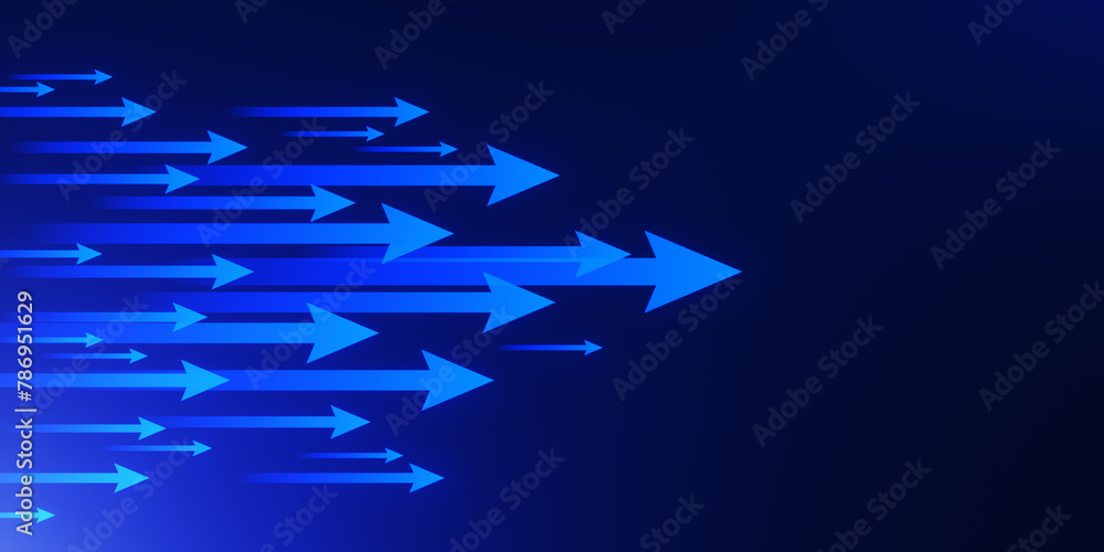 Poster Abstract growing arrows on blue background with mock up place. Success, progress and result concept. 3D Rendering.