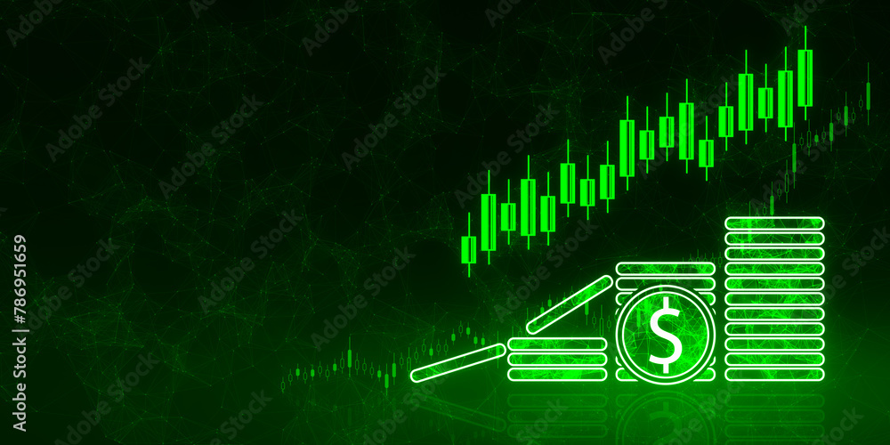 Poster abstract growing trading hologram with digital dollar coins on blurry green background with mock up 