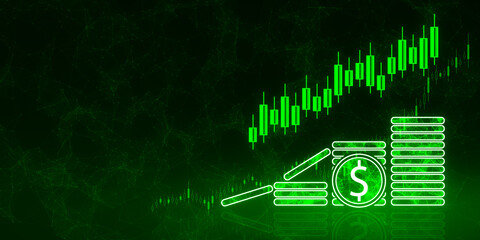 Abstract growing trading hologram with digital dollar coins on blurry green background with mock up place. Trade, startup and revenue concept. 3D Rendering.