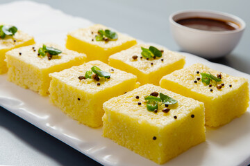 Yellow dhokla plated in a white plate on a grey background with negative space to write copy.