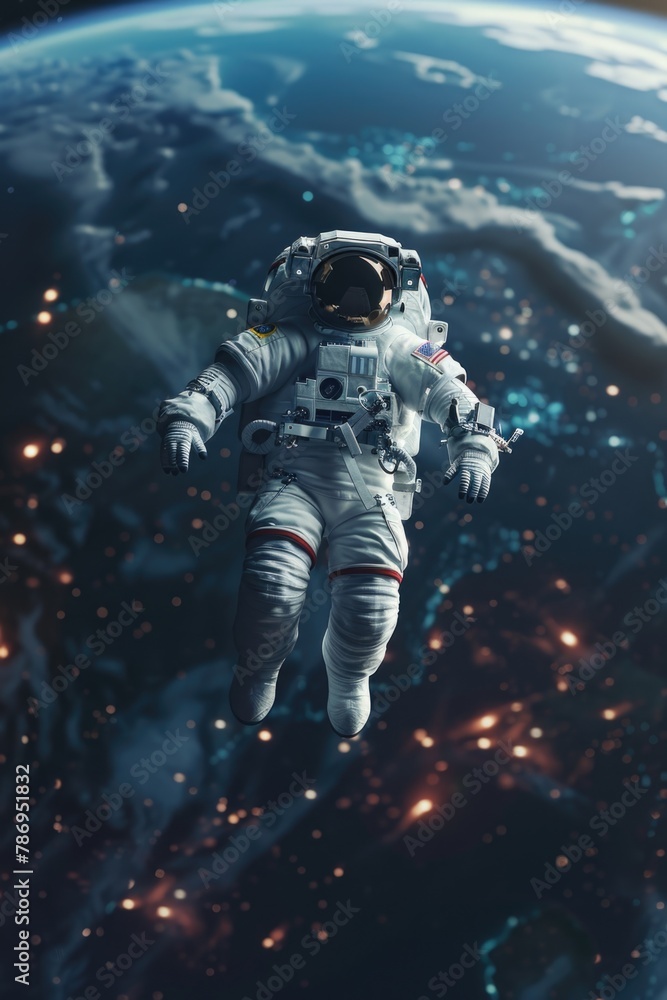 Poster An astronaut floating in space above the earth. Suitable for science and technology concepts
