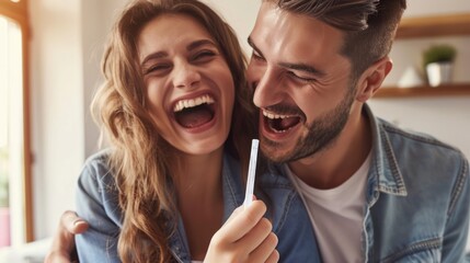 Young couple is excitedly hugging at home, celebrating the positive result of a pregnancy test. - obrazy, fototapety, plakaty