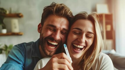 Young couple is excitedly hugging at home, celebrating the positive result of a pregnancy test. - obrazy, fototapety, plakaty