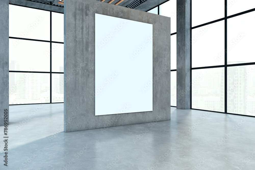 Poster modern empty spacious interior with panoramic windows and city view, blank white mock up poster on w
