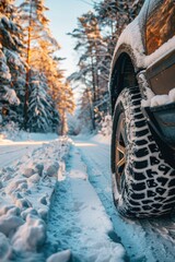 A car parked on a snowy road, perfect for winter concepts