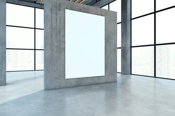 Modern empty spacious interior with panoramic windows and city view, blank white mock up poster on wall. 3D Rendering.