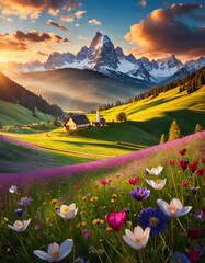 Majestic alpine sunset with blooming meadow - obrazy, fototapety, plakaty