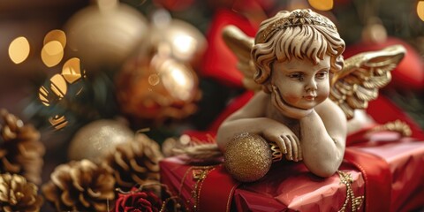 Fototapeta premium Angel statue sitting on top of a red present, perfect for holiday designs