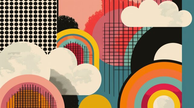 Bold geometric shapes, a rainbow with abstract clouds, strong shadows, 70s graphic poster style