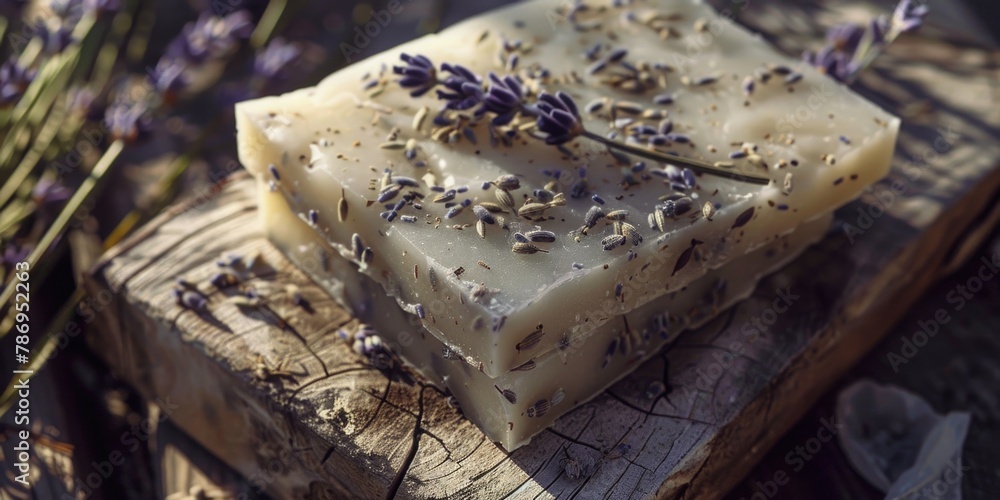 Poster a simple bar of soap resting on a piece of wood. suitable for hygiene or natural product concepts