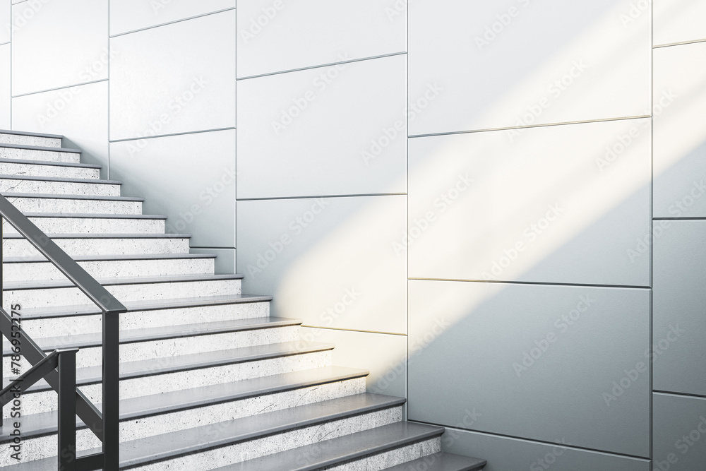 Poster Stylish interior staircase with sunbeams illuminating the steps, creating a modern look. 3D Rendering