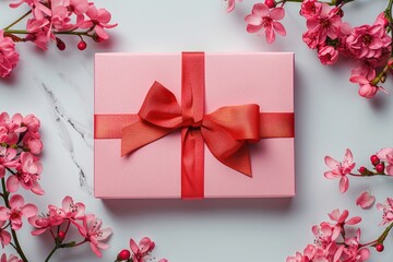 A pink gift box with a red ribbon and bow. Ideal for special occasions and celebrations