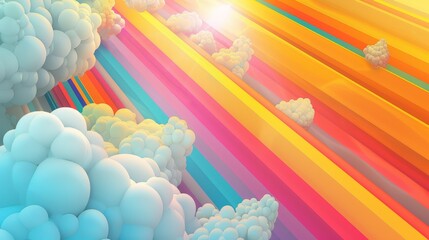 Layered geometric clouds with a rainbow stripe backdrop, vibrant and eye-catching, 70s disco flare