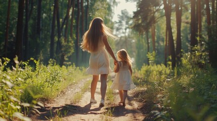 Naklejka na ściany i meble Two young girls walking together on a dirt road. Suitable for family, travel, and childhood themes