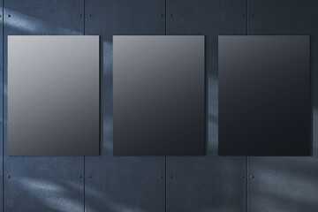 Three sequential black canvases on concrete wall, shadow contrast. Modern gallery concept. 3D Rendering