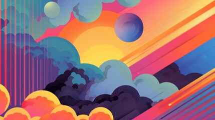 Layered geometric clouds with a rainbow stripe backdrop, vibrant and eye-catching, 70s disco flare - obrazy, fototapety, plakaty