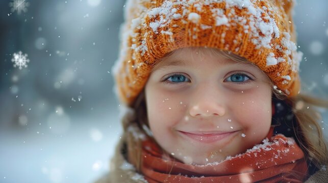 A little girl wearing a hat and scarf in the snow. Perfect for winter and outdoor activities