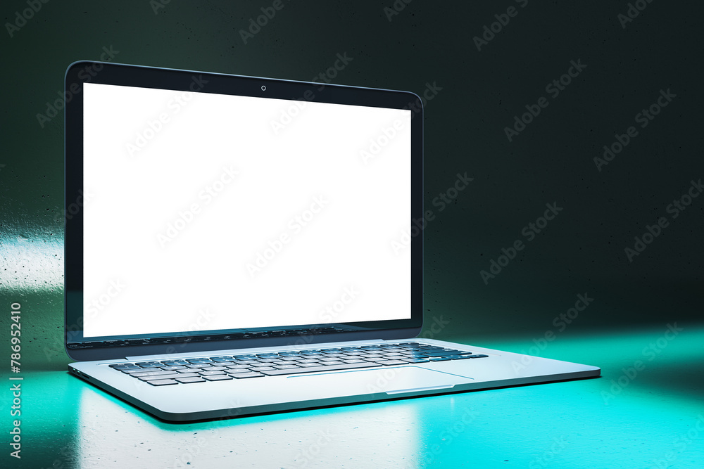 Poster close up of creative neon blue light gaming laptop with empty white mock up display. 3d rendering.