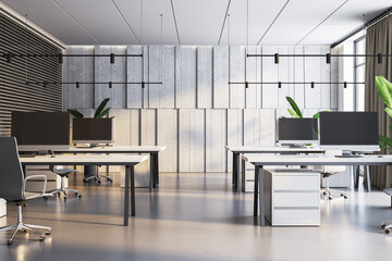 Modern office interior with concrete panels, black accents, and vibrant green plants. 3D Rendering