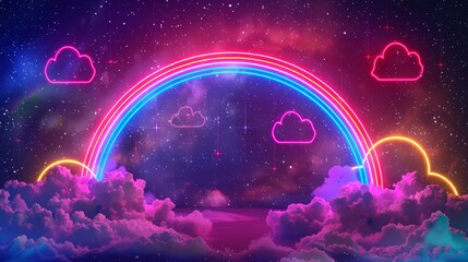 Obraz na płótnie Canvas Neon outline of geometric rainbow, clouds on a starry night background, bold colors, 80s neon retro