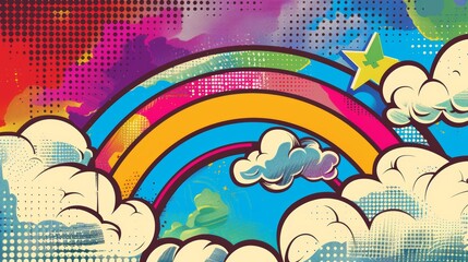 Pop art rainbow and clouds, sharp geometric cuts, vivid, comic book style coloring, 70s retro - obrazy, fototapety, plakaty