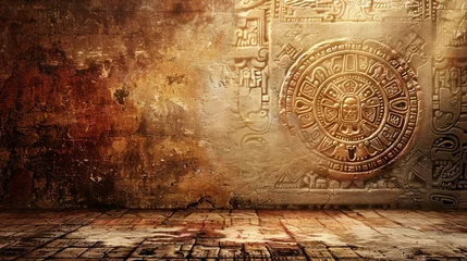 Foto op Canvas An American Indian-inspired background with a Mayan or Aztec calendar on a vintage wall, featuring a textured empty space. © ckybe
