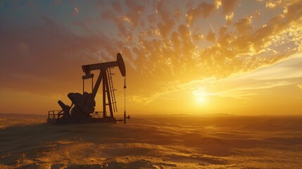 An oil pump in the desert at sunset, suitable for industrial concepts