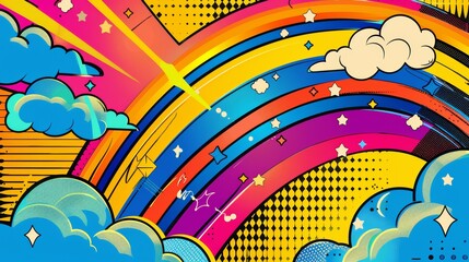 Pop art rainbow and clouds, sharp geometric cuts, vivid, comic book style coloring, 70s retro - obrazy, fototapety, plakaty