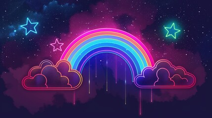 Neon outline of geometric rainbow, clouds on a starry night background, bold colors, 80s neon retro - obrazy, fototapety, plakaty