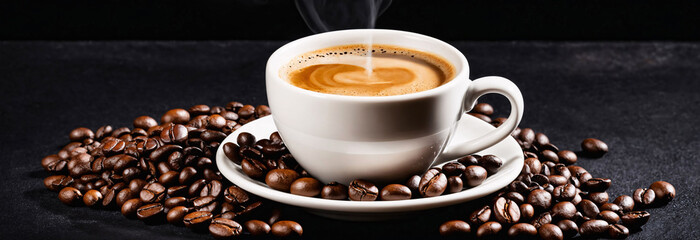 Cup of espresso and roasted coffee beans on black background, banner, backdrop, copy space, cafe, space for text