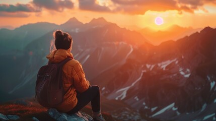 A woman sitting on top of a mountain watching the sun set. Suitable for travel and nature concepts