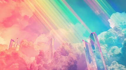 Rainbow, clouds rendered in geometric crystal style, translucent colors, retro 80s prismatic effect - obrazy, fototapety, plakaty