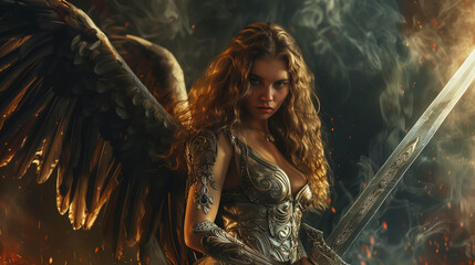 Angry fantasy woman warrior angel with wings holding sword