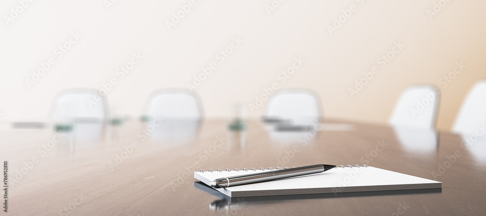 Poster Close up of wooden conference table with empty notepad and pen for morning notes. Blurry chairs on wide backdrop . Business meeting concept. Mock up place, 3D Rendering.