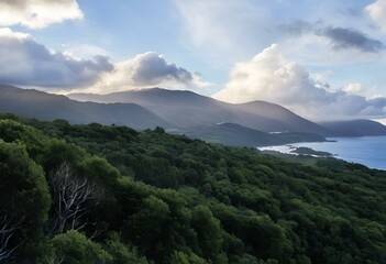 Fototapeta premium Aerial view of mountains and blue sea, AI-generated.
