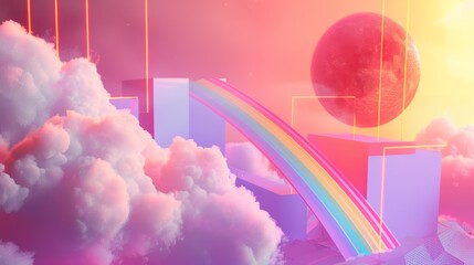 90s Retro-futuristic clouds and rainbow, geometric shapes, vibrant color blocks, - obrazy, fototapety, plakaty