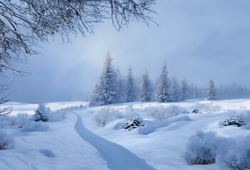 Fototapeta premium Path through a snowy forest clearing, AI-generated.