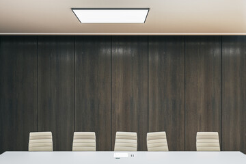 Modern wooden designer meeting room interior with mock up place on wall. 3D Rendering.