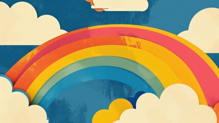 Vector style rainbow clouds in geometric abstraction, bright, clean 60s inspired colors, retro look - obrazy, fototapety, plakaty