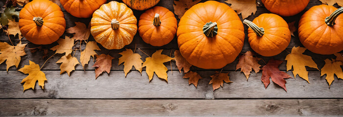 Autumnal background with pumpkins and fallen leaves on wooden rustic background, top view, flat lay, copy space, banner, space for text, backdrop, wallpaper