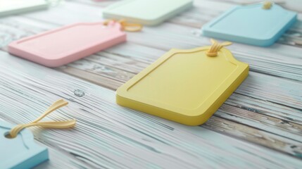 Colorful tags arranged neatly on a wooden table. Perfect for office organization projects