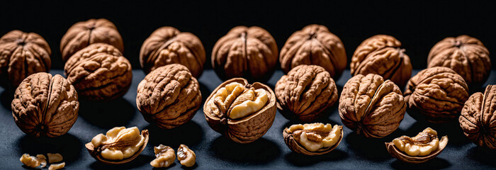 Studio shot of walnut kernels lying against black background, side view, copy space, banner, space for text, backdrop, wallpaper
